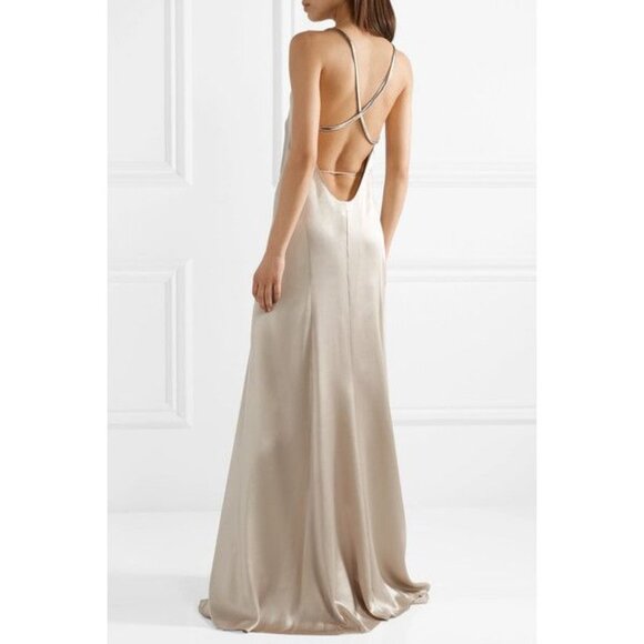 michelle mason champagne dress Strappy wrap gown with cowl